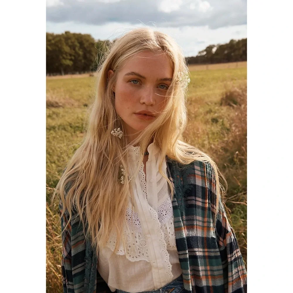 FREE PEOPLE Hit The Road Buttondown White Ruffled Long Sleeve Blouse Size Small - Picture 7 of 16